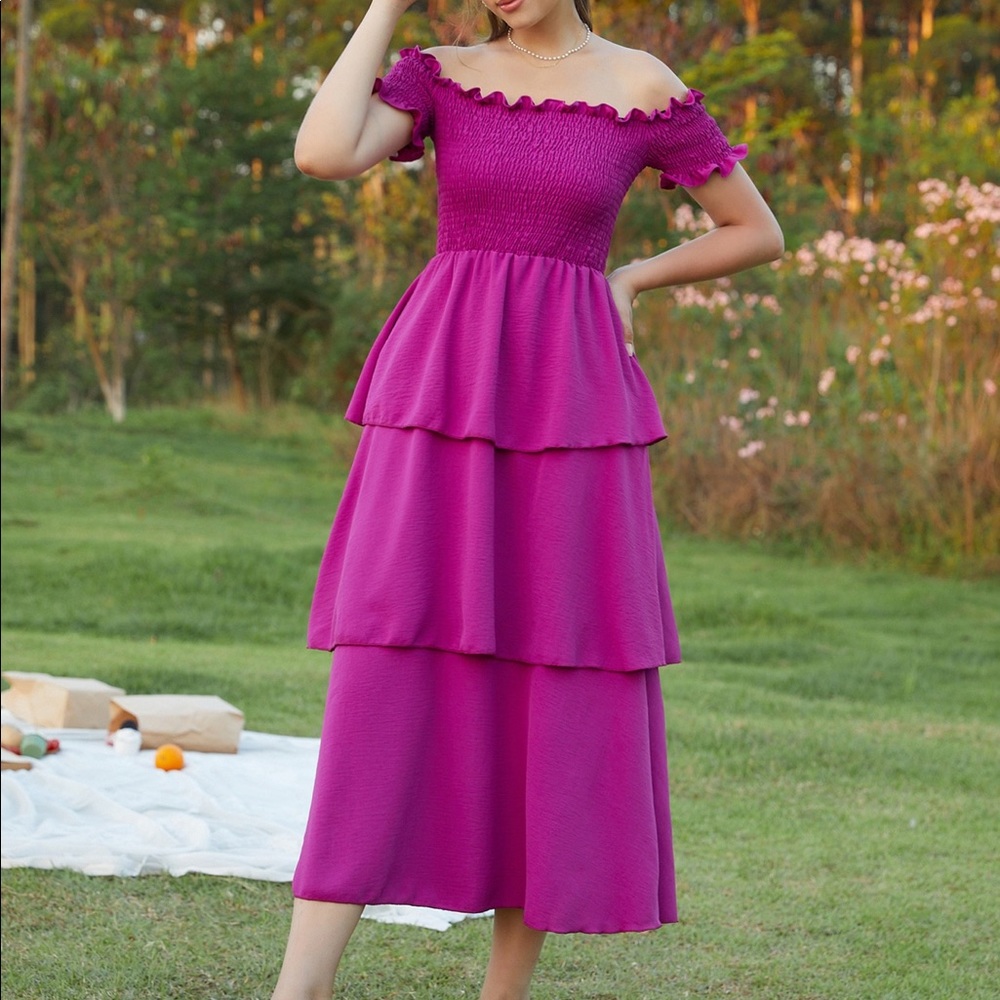 Frill Trim Shirred Bardot Layered Dress NWT